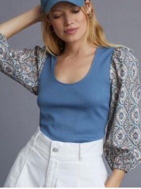dolan Blue Scoop Neck Tank with Patterned Puff Sleeves Small